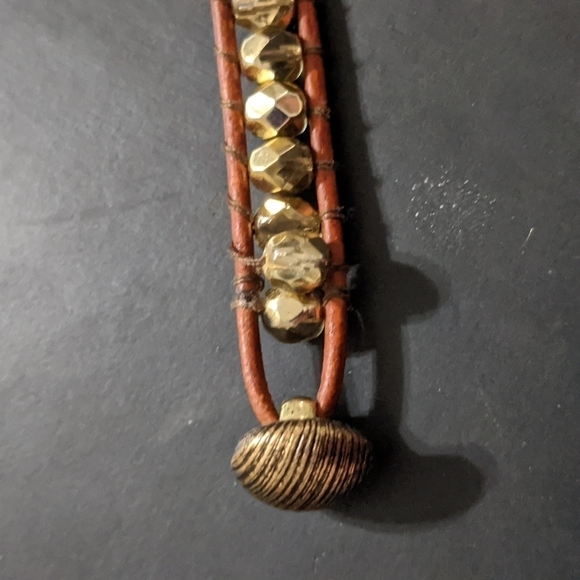 Gold Tone Beaded and Brown Leather Cord Statement Bracelet - Picture 3 of 6